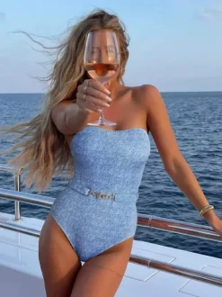 Swimsuits Cover-Ups Set Blue Sexy Lace Up Backless Halter Summer Swimsuit