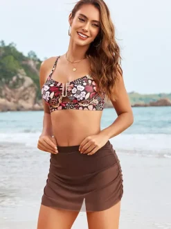 Swimsuits Cover-Ups Set Orange Chic Flowers Floral Print Straps Neck Sleeveless Sets