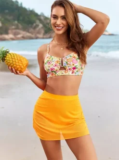 Swimsuits Cover-Ups Set Orange Chic Flowers Floral Print Straps Neck Sleeveless Sets