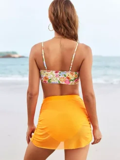 Swimsuits Cover-Ups Set Orange Chic Flowers Floral Print Straps Neck Sleeveless Sets