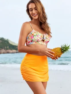 Swimsuits Cover-Ups Set Orange Chic Flowers Floral Print Straps Neck Sleeveless Sets