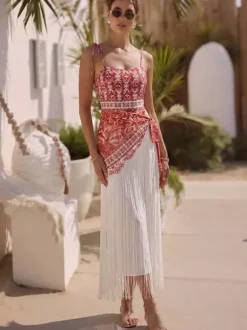 Swimsuits Cover-Ups Set Red Sexy Lace Up Backless Floral Print Straps Neck Swimsuit