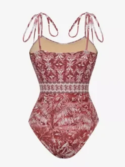 Swimsuits Cover-Ups Set Red Sexy Lace Up Backless Floral Print Straps Neck Swimsuit