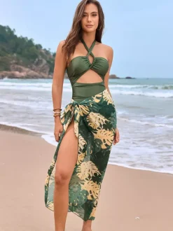Swimsuits Cover-Ups Swimsuit Set Light Sky Blue Sexy Flowers Floral Print Halter Sleeveless Swimsuit