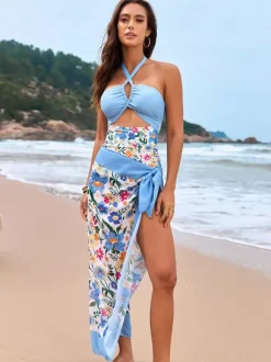 Swimsuits Cover-Ups Swimsuit Set Light Sky Blue Sexy Flowers Floral Print Halter Sleeveless Swimsuit