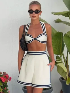 Swimsuits Cover-Ups White Elegant Lace Up Backless Two-Tone Swimsuit Set