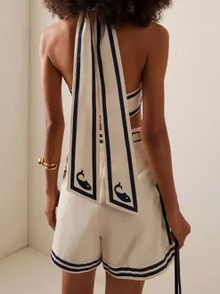 Swimsuits Cover-Ups White Elegant Lace Up Backless Two-Tone Swimsuit Set