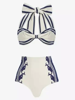 Swimsuits Cover-Ups White Elegant Lace Up Backless Two-Tone Swimsuit Set