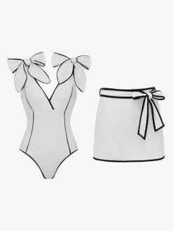 Swimsuits & Cover-Ups Women's Clothing Swimsuit Set White Sexy Bows V-Neck Sleeveless