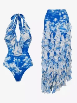 Swimsuit Set Blue Retro Ruffles Asymmetrical Halter