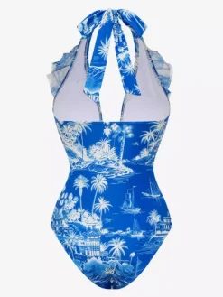Swimsuit Set Blue Retro Ruffles Asymmetrical Halter