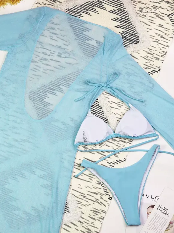 Swimsuit Set Blue Sexy Cropped Long Sleeves Cover-Up T-back Bra Sets