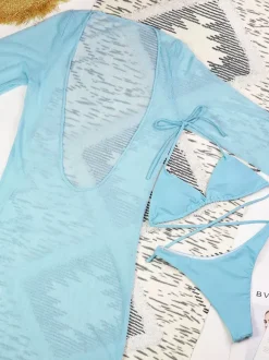 Swimsuit Set Blue Sexy Cropped Long Sleeves Cover-Up T-back Bra Sets