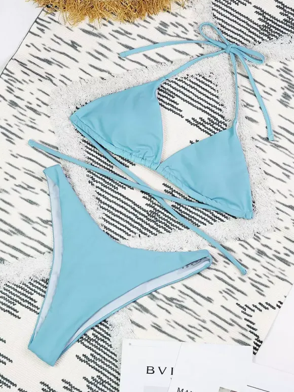 Swimsuit Set Blue Sexy Cropped Long Sleeves Cover-Up T-back Bra Sets