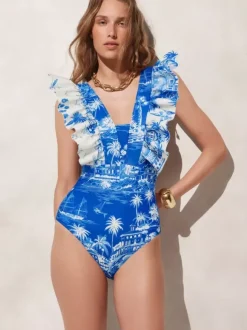 Swimsuit Set Blue Sexy Ruffles Asymmetrical