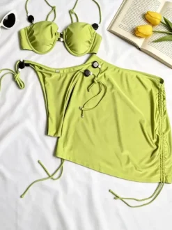Swimsuit Set Green Sexy Cut Out Straps Neck Sleeveless T-back Bra Mini Skirt Sets