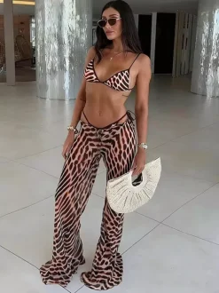 Swimsuit Set Leopard Sexy Clothes Straps Neck Sleeveless Pants Bra T-back Sets