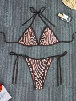 Swimsuit Set Leopard Sexy Clothes Straps Neck Sleeveless Pants Bra T-back Sets