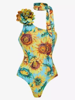 Swimsuit Set Yellow Sexy Asymmetrical Floral Print Asymmetrical Neck