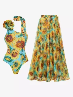 Swimsuit Set Yellow Sexy Asymmetrical Floral Print Asymmetrical Neck