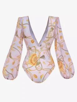 Swimsuits Set Yellow Sexy Draped V-Neck Long Sleeves Puff Sleeves