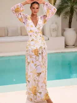 Swimsuits Set Yellow Sexy Draped V-Neck Long Sleeves Puff Sleeves