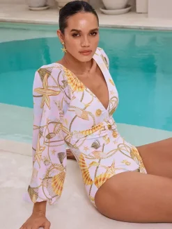 Swimsuits Set Yellow Sexy Draped V-Neck Long Sleeves Puff Sleeves