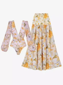 Swimsuits Set Yellow Sexy Draped V-Neck Long Sleeves Puff Sleeves