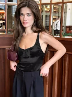 Tanks Black Cami Top Square Neck Pleated Casual Women Summer Camis