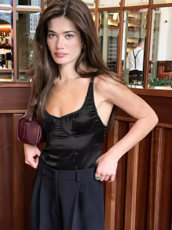 Tanks Black Cami Top Square Neck Pleated Casual Women Summer Camis