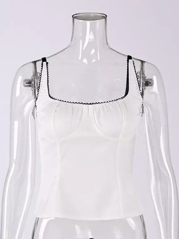 Tanks Black Cami Top Square Neck Pleated Casual Women Summer Camis