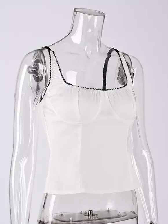 Tanks Black Cami Top Square Neck Pleated Casual Women Summer Camis