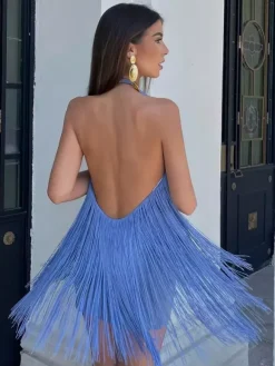 Tassel Fringe Mini Dress With Open Back And Halter Neckline For Party 2026