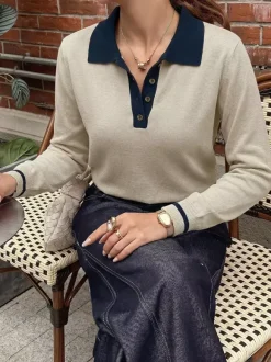 Tea Color Contrast Navy Collar Polo Knit Sweater Half Button Long Sleeve Slim Preppy Pullover