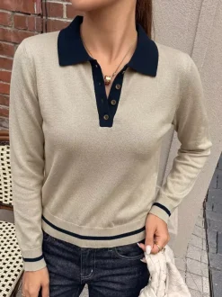 Tea Color Contrast Navy Collar Polo Knit Sweater Half Button Long Sleeve Slim Preppy Pullover