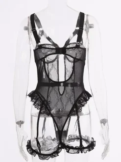 Teddies Corsets Removable Lace Cut-out Black Lingerie
