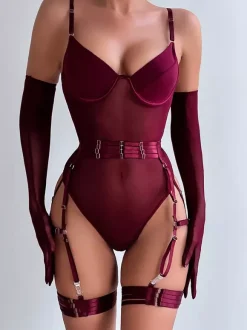 Teddies Lingerie Burgundy Metal Details Sheer Polyester Sexy Teddies For Women