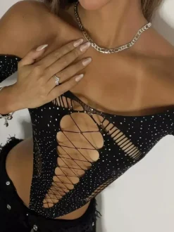 Teddies Rhinestones Yellow Sheer Lace Contrast Mesh Top Long Sleeve See-Through Bodysuit