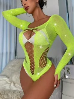 Teddies Rhinestones Yellow Sheer Lace Contrast Mesh Top Long Sleeve See-Through Bodysuit