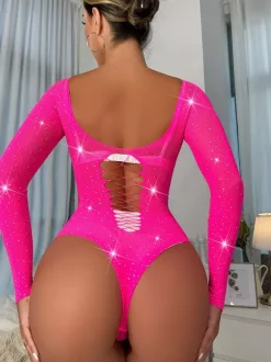 Teddies Rhinestones Yellow Sheer Lace Contrast Mesh Top Long Sleeve See-Through Bodysuit