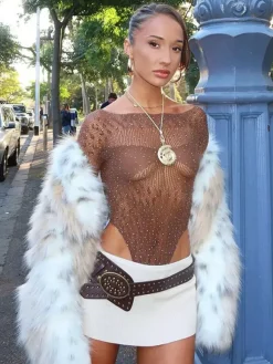 Teddies Rhinestones Yellow Sheer Lace Contrast Mesh Top Long Sleeve See-Through Bodysuit