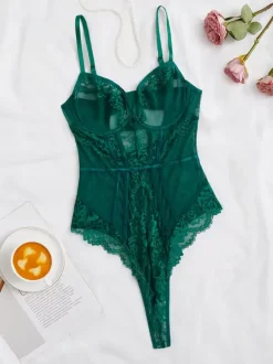 Teddies Lace Mesh Black See-Through Lingerie For Women