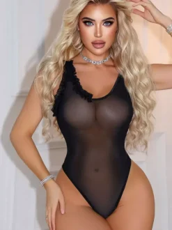 Teddies Ruffles Sheer Black Teddies Sheer Mesh Ruffle Trim Bodysuit Lingerie