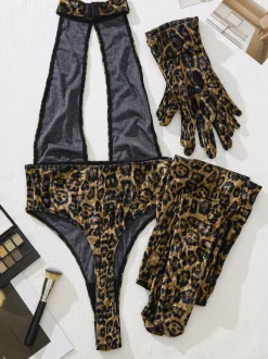 Teddies Women's Sexy Leopard Print Cut Out Coffee Brown 3-Piece Women Lingerie