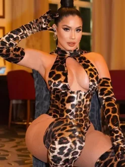 Teddies Women's Sexy Leopard Print Cut Out Coffee Brown 3-Piece Women Lingerie