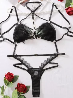 Teddy Black Feather Harness Lingerie Bodysuit Cutout Strappy Lingerie For Women
