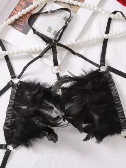 Teddy Black Feather Harness Lingerie Bodysuit Cutout Strappy Lingerie For Women