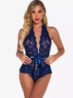 Teddy Unlined Lace Halter Plunge Crotchless Teddy