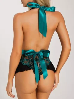 Teddy Unlined Lace Halter Plunge Crotchless Teddy