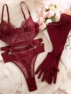 Teddy Burgundy Lace Sheer Mesh Cutout Bodysuit With Gloves